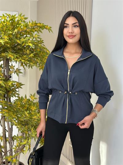 Bel Büzgü Detaylı Gold Fermuarlı Modal Ceket Lacivert
