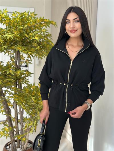 Bel Büzgü Detaylı Gold Fermuarlı Modal Ceket Siyah