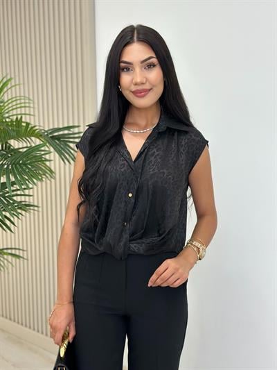 Bel Detaylı Gold Düğmeli Pamuk Saten Bluz Siyah
