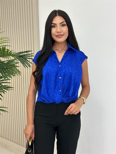 Bel Detaylı Gold Düğmeli Pamuk Saten Bluz Saks Mavi