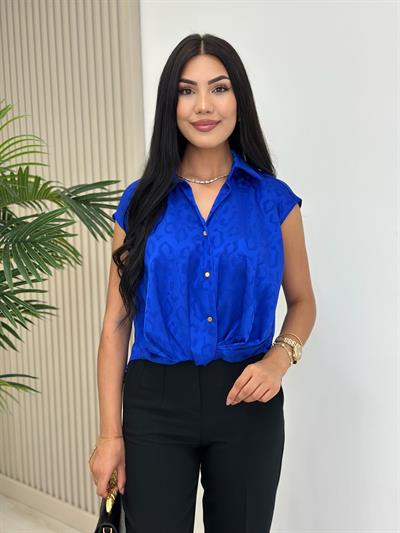 Bel Detaylı Gold Düğmeli Pamuk Saten Bluz Saks Mavi