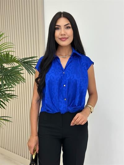 Bel Detaylı Gold Düğmeli Pamuk Saten Bluz Saks Mavi