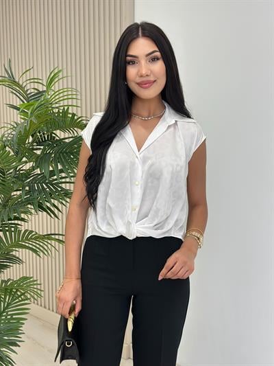 Bel Detaylı Gold Düğmeli Pamuk Saten Bluz Beyaz
