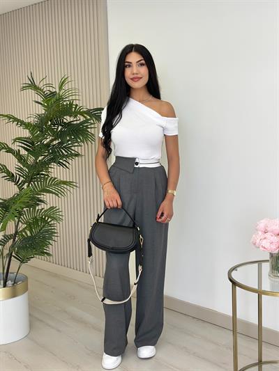 Bel Detaylı Palazzo Pantolon Antrasit