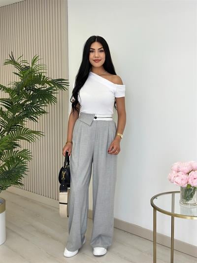 Bel Detaylı Palazzo Pantolon Gri
