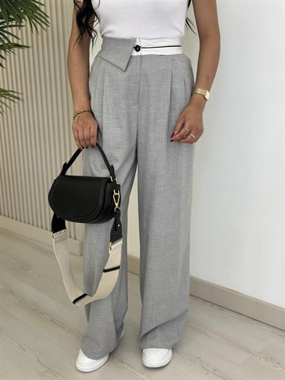 Bel Detaylı Palazzo Pantolon Gri