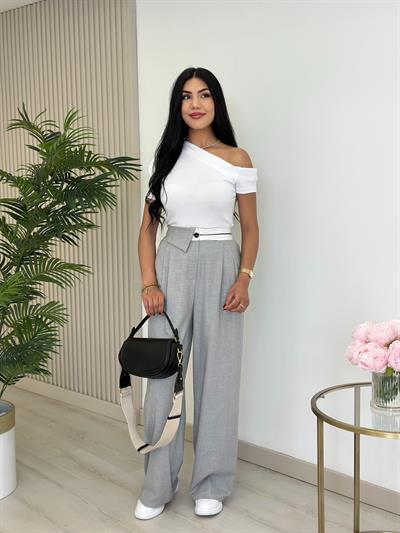 Bel Detaylı Palazzo Pantolon Gri