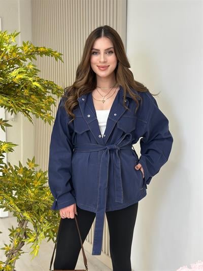Beli Bağcık Detaylı Gabardin Rahat Kalıp Ceket Lacivert