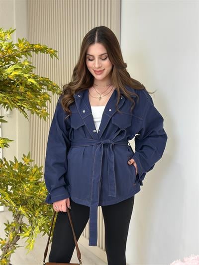 Beli Bağcık Detaylı Gabardin Rahat Kalıp Ceket Lacivert