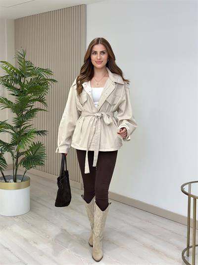 Beli Bağcıklı Gabardin Rahat Kalıp Ceket Bej