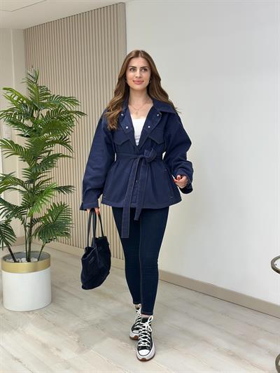 Beli Bağcıklı Gabardin Rahat Kalıp Ceket Lacivert