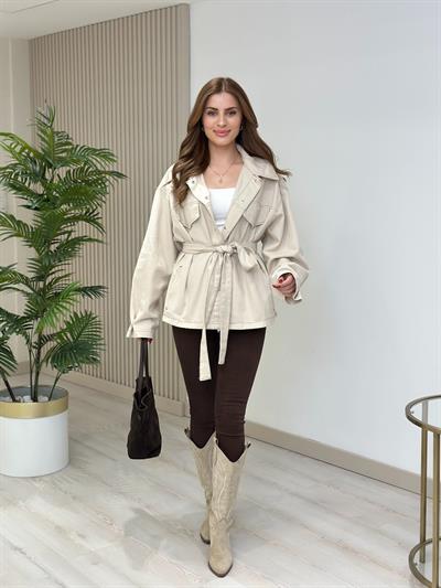 Beli Bağcıklı Gabardin Rahat Kalıp Ceket Bej