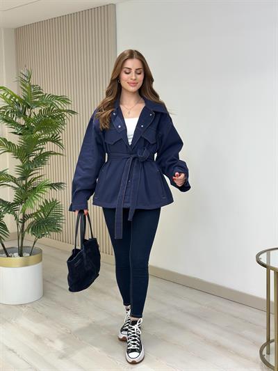Beli Bağcıklı Gabardin Rahat Kalıp Ceket Lacivert