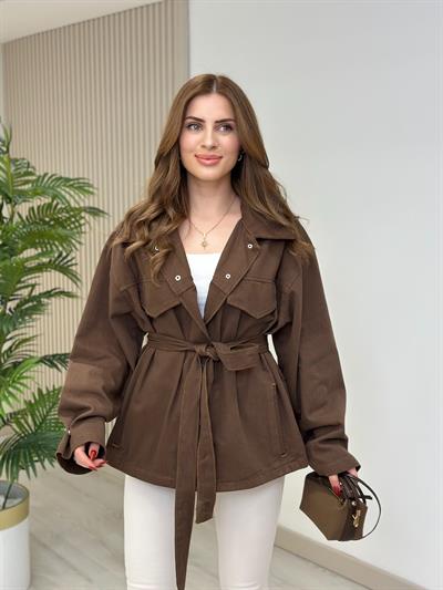 Beli Bağcıklı Gabardin Rahat Kalıp Ceket Kahve