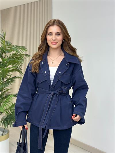 Beli Bağcıklı Gabardin Rahat Kalıp Ceket Lacivert