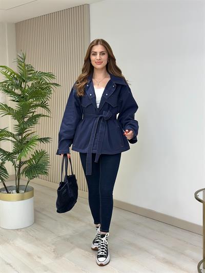 Beli Bağcıklı Gabardin Rahat Kalıp Ceket Lacivert