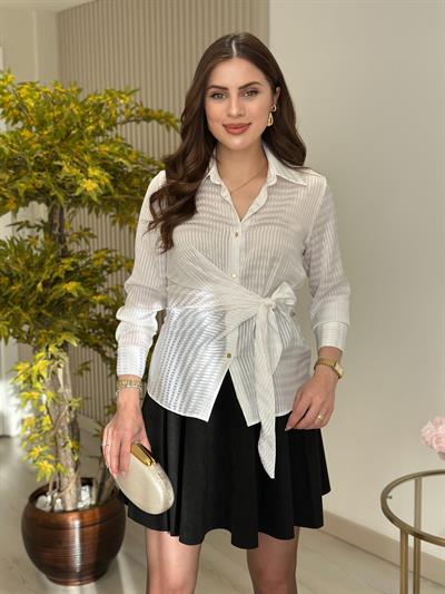 Beli Bağlama Detaylı Gold Düğmeli Gömlek Beyaz