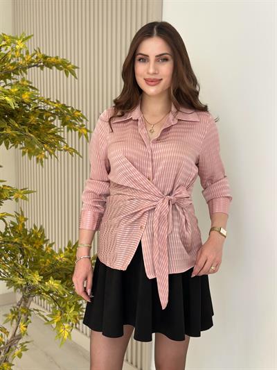 Beli Bağlama Detaylı Gold Düğmeli Gömlek Pudra