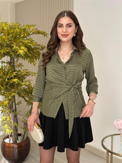 Beli Bağlama Detaylı Gold Düğmeli Gömlek Haki Yeşil