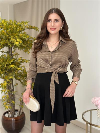 Beli Bağlama Detaylı Gold Düğmeli Gömlek Vizon