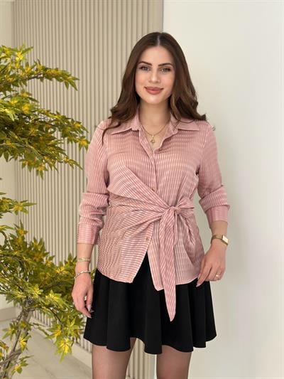 Beli Bağlama Detaylı Gold Düğmeli Gömlek Pudra