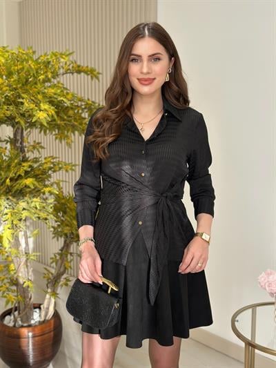 Beli Bağlama Detaylı Gold Düğmeli Gömlek Siyah