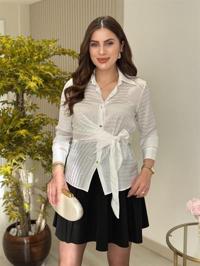 Beli Bağlama Detaylı Gold Düğmeli Gömlek Beyaz