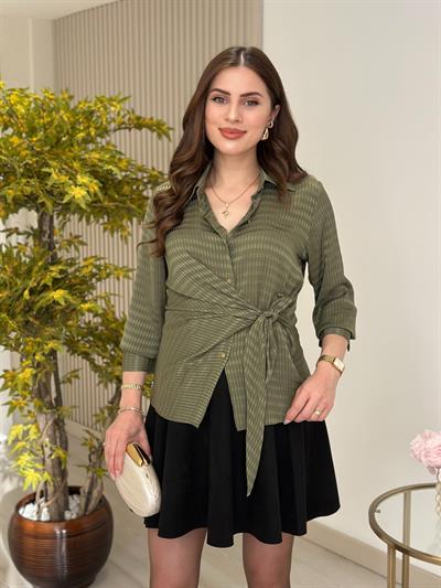 Beli Bağlama Detaylı Gold Düğmeli Gömlek Haki Yeşil