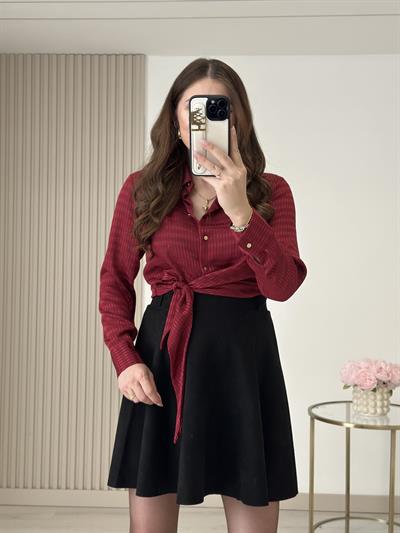Beli Bağlama Detaylı Gold Düğmeli Gömlek Bordo