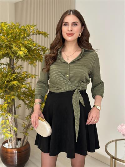 Beli Bağlama Detaylı Gold Düğmeli Gömlek Haki Yeşil