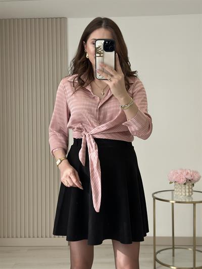 Beli Bağlama Detaylı Gold Düğmeli Gömlek Pudra