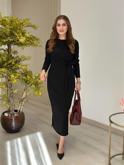 Beli Bağlama Detaylı Modal Kumaş Elbise Siyah