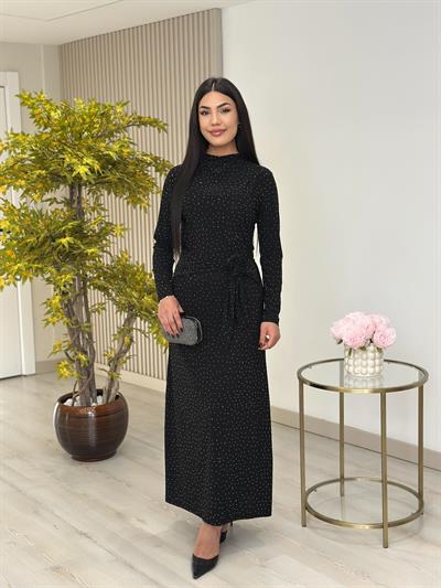 Beli Bağlama Detaylı Taşlı Sandy Elbise Siyah