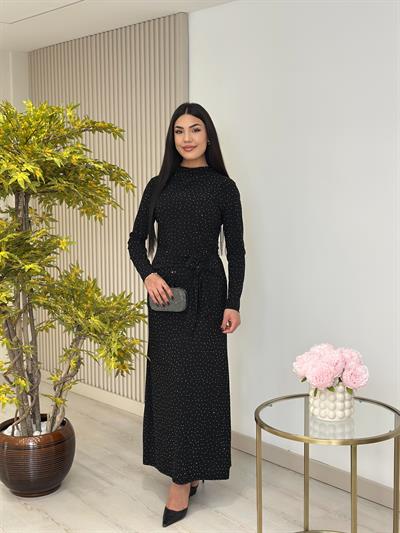 Beli Bağlama Detaylı Taşlı Sandy Elbise Siyah