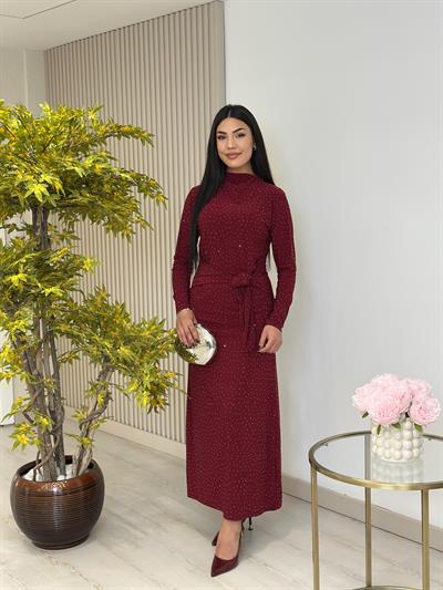 Beli Bağlama Detaylı Taşlı Sandy Elbise Bordo