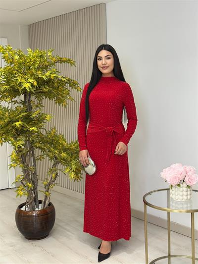 Beli Bağlama Detaylı Taşlı Sandy Elbise Kırmızı