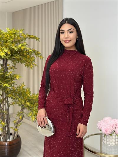 Beli Bağlama Detaylı Taşlı Sandy Elbise Bordo