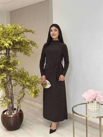 Beli Bağlama Detaylı Taşlı Sandy Elbise Kahve