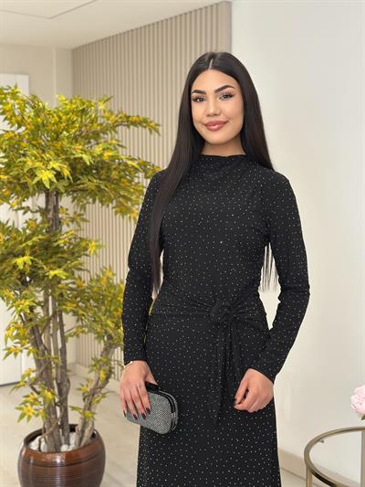 Beli Bağlama Detaylı Taşlı Sandy Elbise Siyah