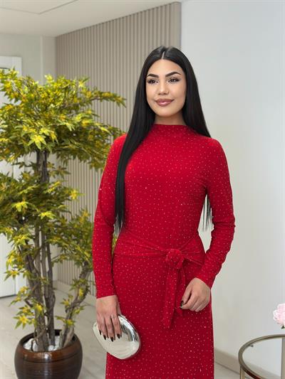 Beli Bağlama Detaylı Taşlı Sandy Elbise Kırmızı