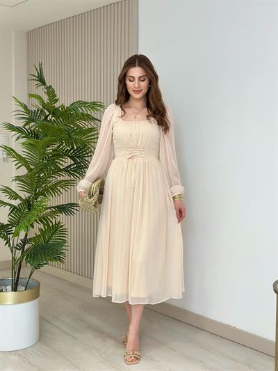 Beli Bağlamalı Fransız Model Şifon Elbise Bej