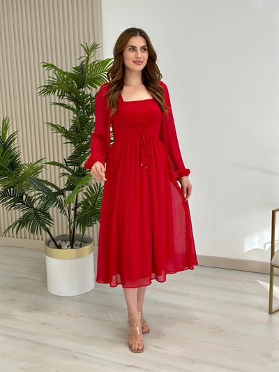 Beli Bağlamalı Fransız Model Şifon Elbise Kırmızı