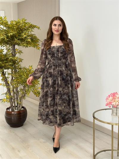 Beli Bağlamalı Fransız Model Şifon Elbise Leopar Desenli