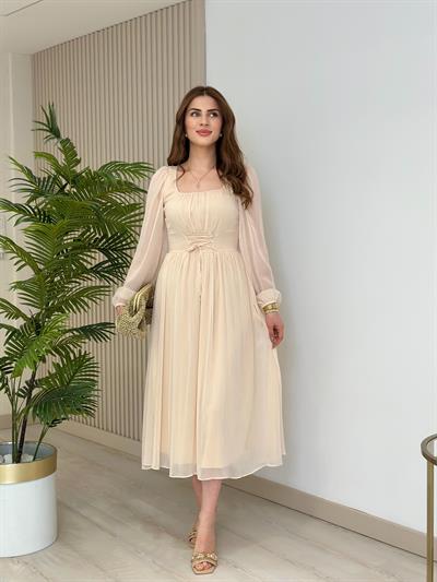 Beli Bağlamalı Fransız Model Şifon Elbise Bej