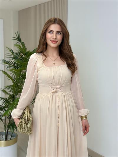 Beli Bağlamalı Fransız Model Şifon Elbise Bej