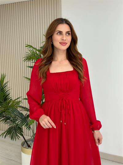 Beli Bağlamalı Fransız Model Şifon Elbise Kırmızı