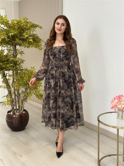 Beli Bağlamalı Fransız Model Şifon Elbise Leopar Desenli