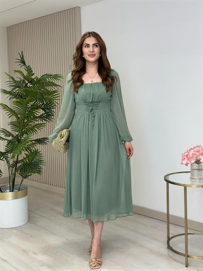 Beli Bağlamalı Fransız Model Şifon Elbise Mint Yeşili