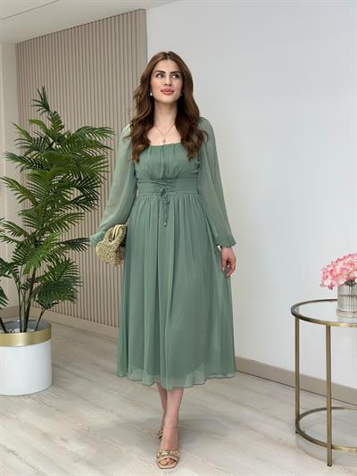 Beli Bağlamalı Fransız Model Şifon Elbise Mint Yeşili