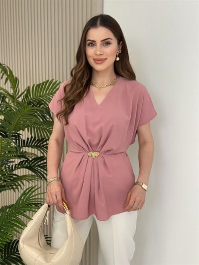 Beli Bağlamalı Gold Broşlu Bluz Gül Kurusu